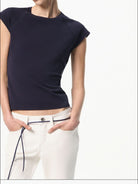 RARELY ALIKE Raglan Cap Sleeve T Shirt in Navy Blue - On Female Model