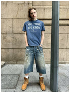 VLABMADE Distressed Slogan Boxy T Shirt in Blue - On Male Model
