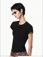 RARELY ALIKE Cotton Bowknot Crewneck T Shirt in Black - On Female Model