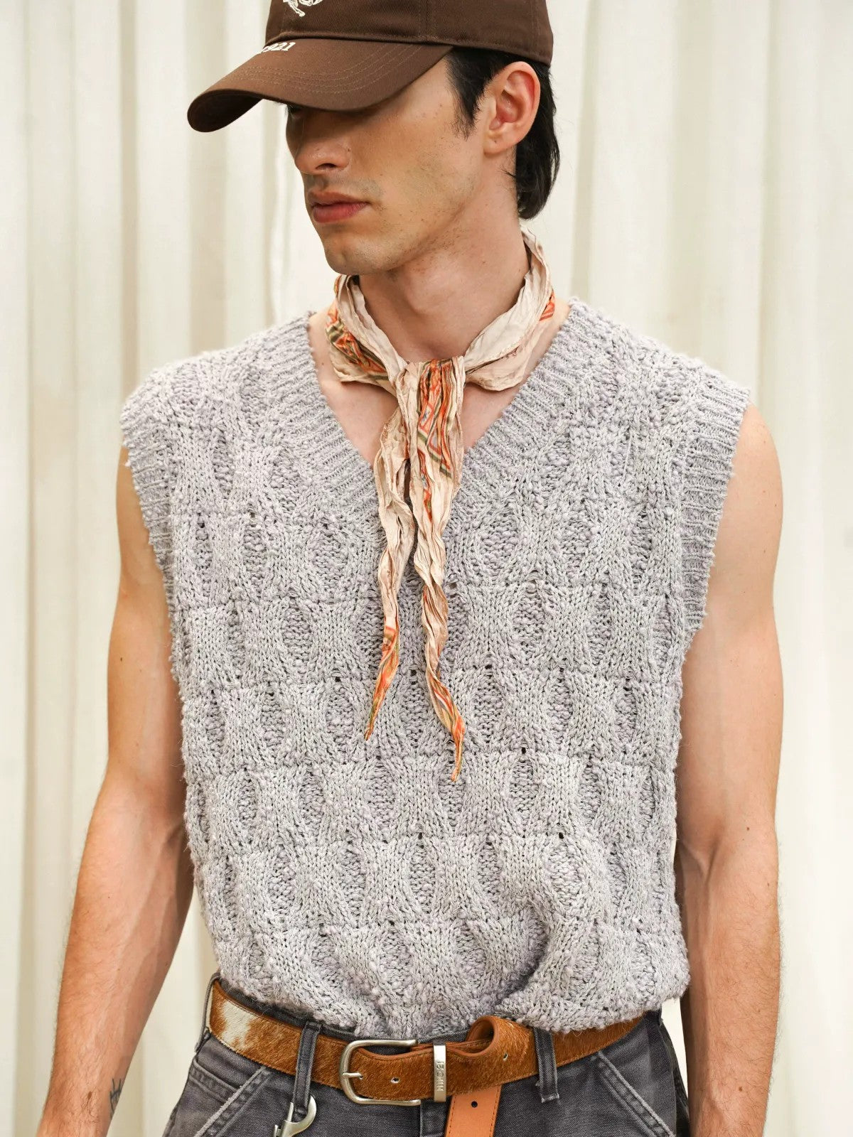 Retro 21 Irregular Pleated Vintage Print Scarf in Beige - On Male Model