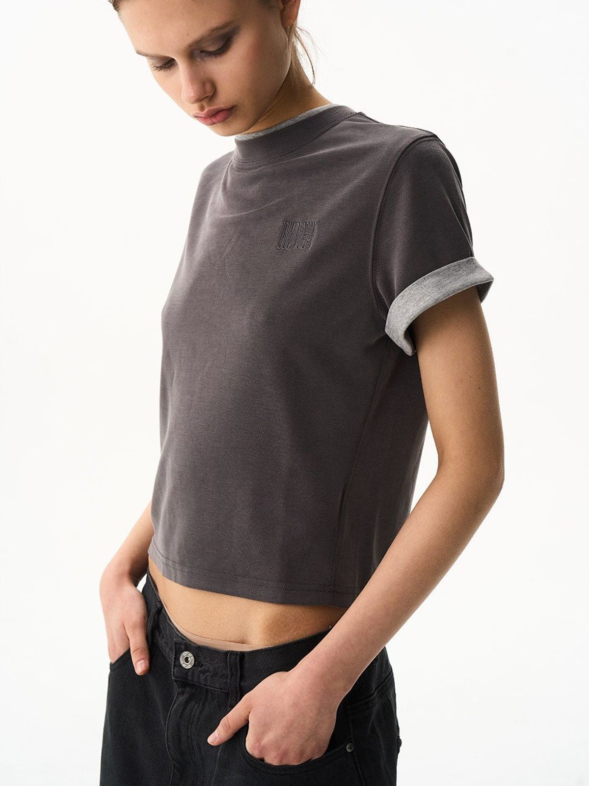 BLINDNOPLAN Embroidered Mock Two Piece T Shirt in Gray - On Female Model