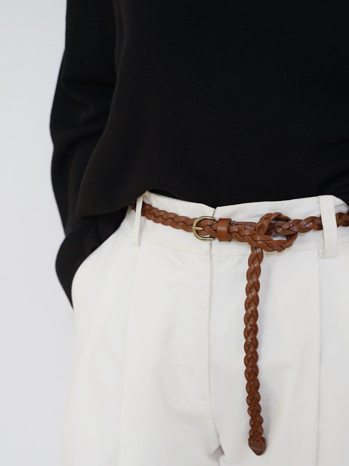 PANLULUPAN Woven Top Grain Leather Belt in Brown - On Model