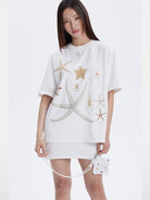 THELIGHT OFFICIAL Rhinestone Starfish Motif T Shirt in White - On Female Model