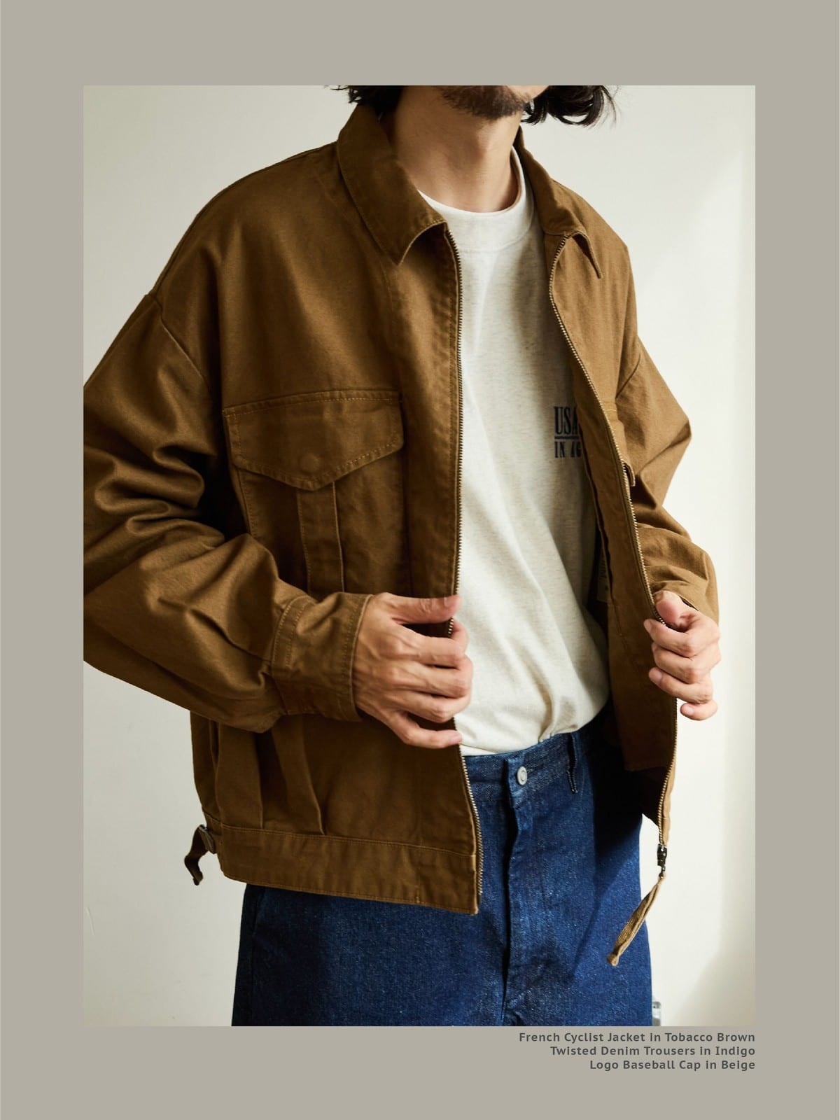 USAGE Heavyweight Canvas Cropped Workwear Jacket in Brown - On Male Model