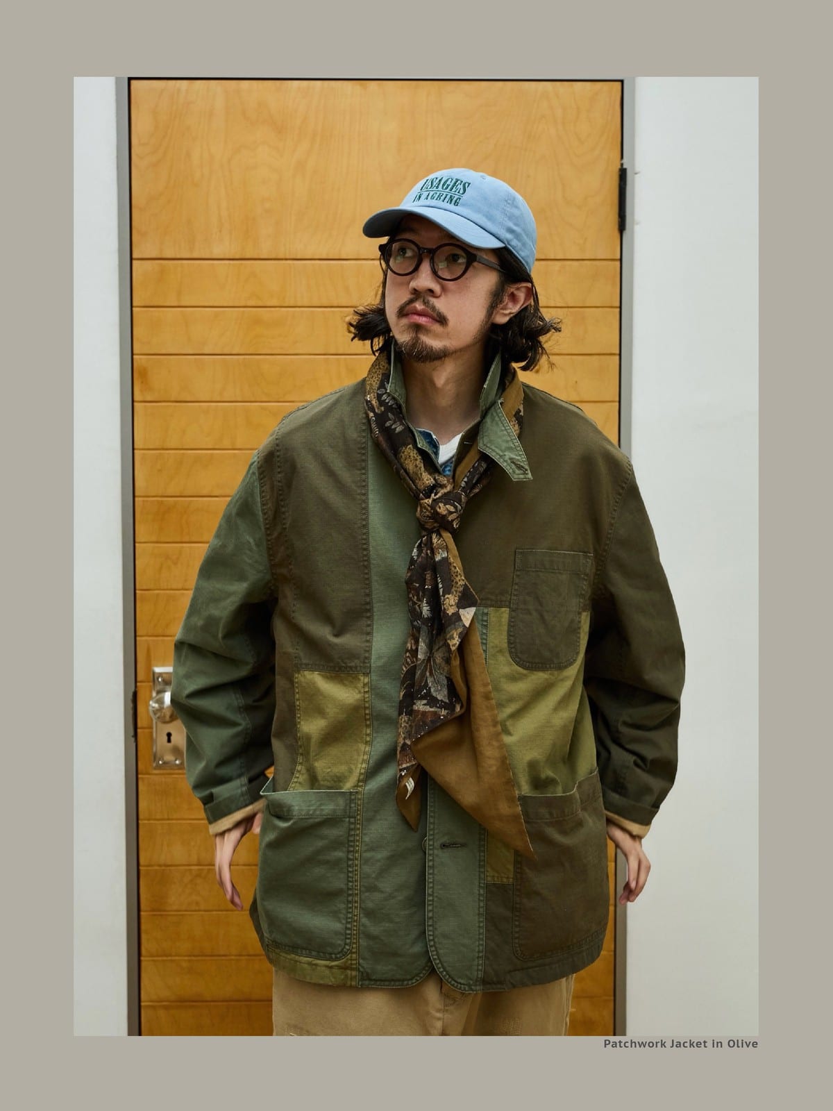 USAGE Cotton Ripstop Patchwork Blazer in Green - On Male Model