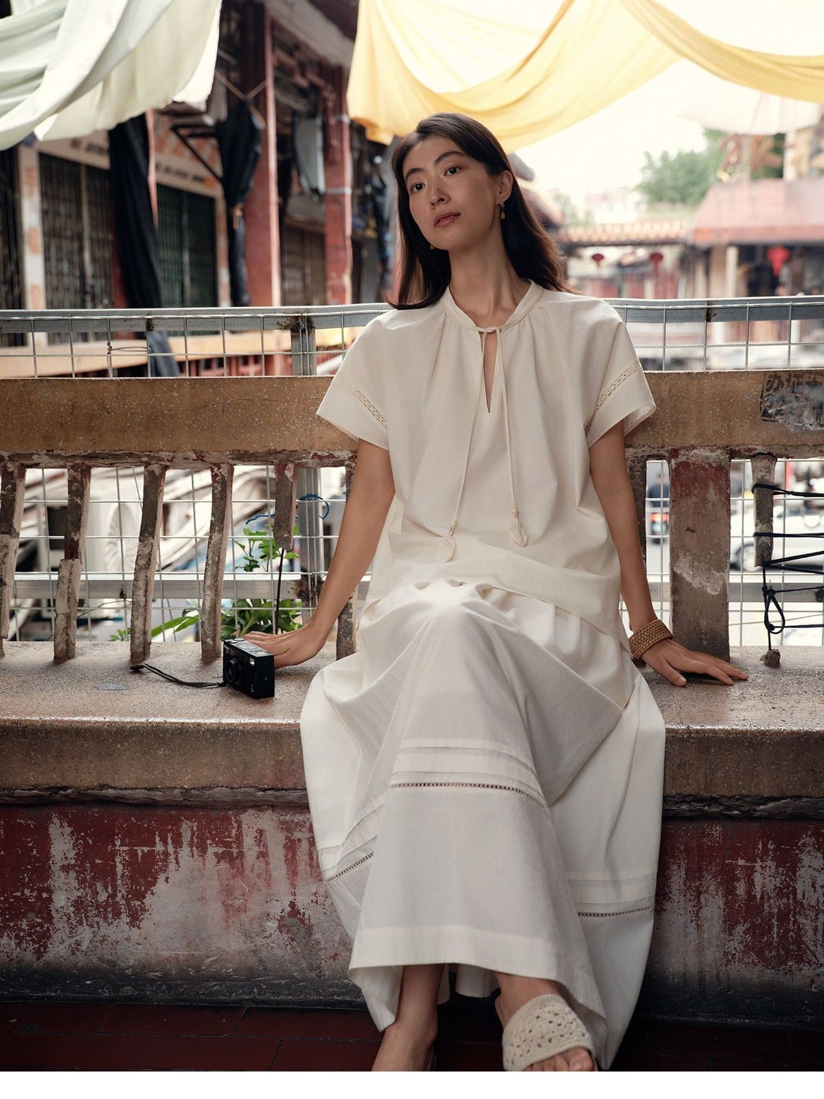 TEASEL Silk Blend Lace Trim Top Skirt Set in Off-White - On Female Model