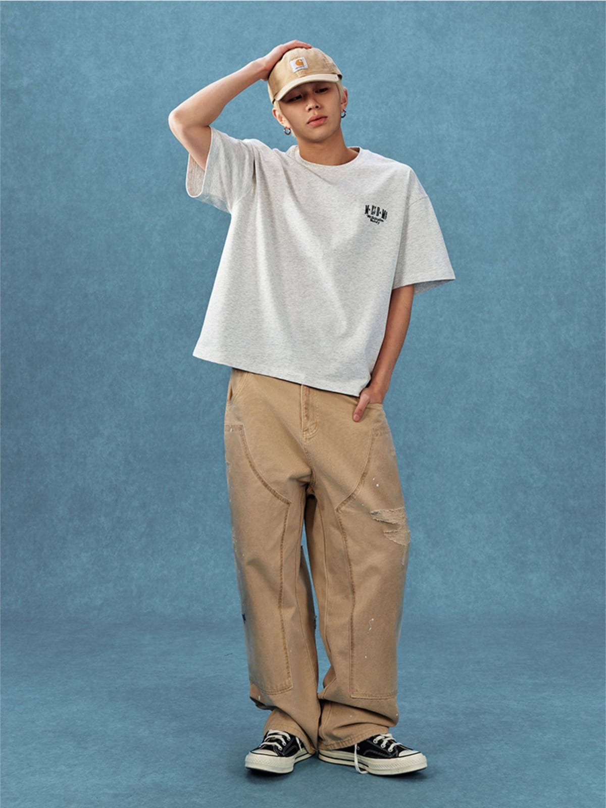 MEDM Letter Embroidery Cotton T Shirt in Gray - On Male Model