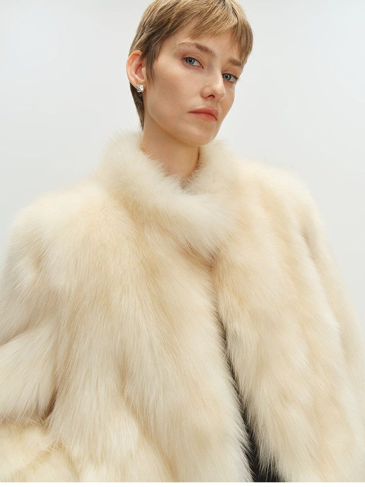 MSBEAST Stand Collar Fox Fur Jacket in White - On Female Model