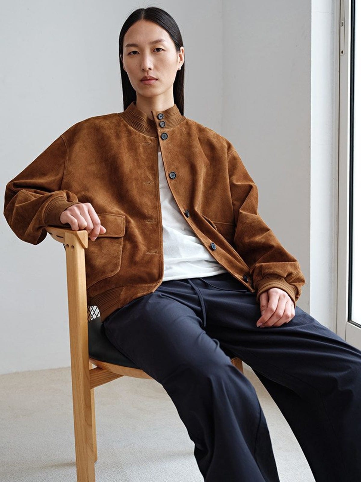 MSBEAST Oversized Sheep Suede Bomber Jacket in Brown - On Female Model