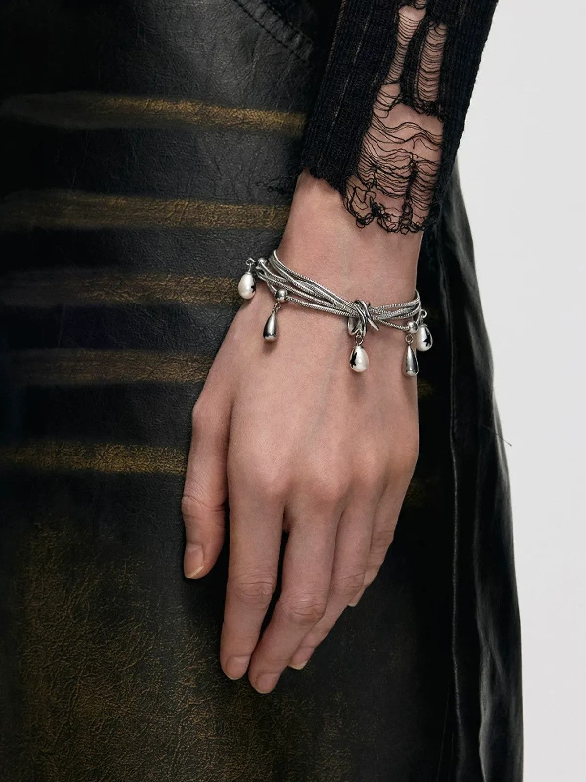 BLACKHEAD Multi Chain Teardrop Pearl Bracelet in Silver - On Female Model
