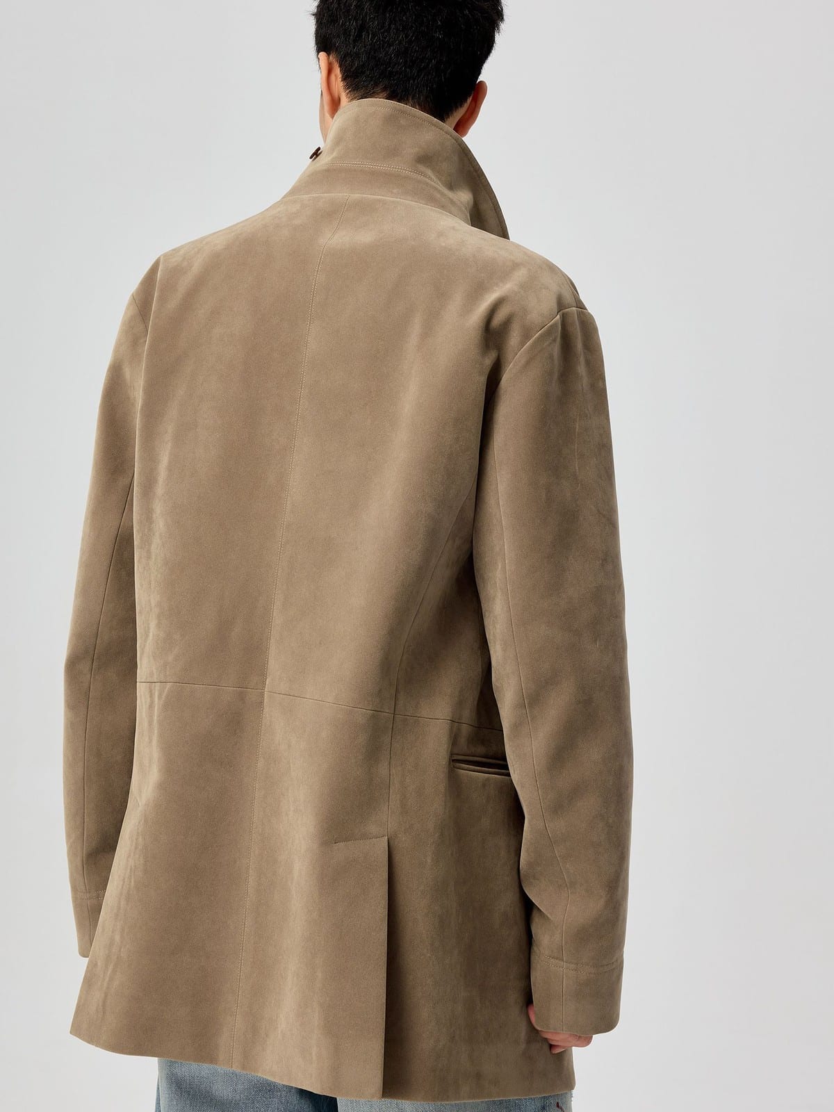 SIMPLE PROJECT Faux Suede Double Breasted Peacoat in Beige - On Male Model