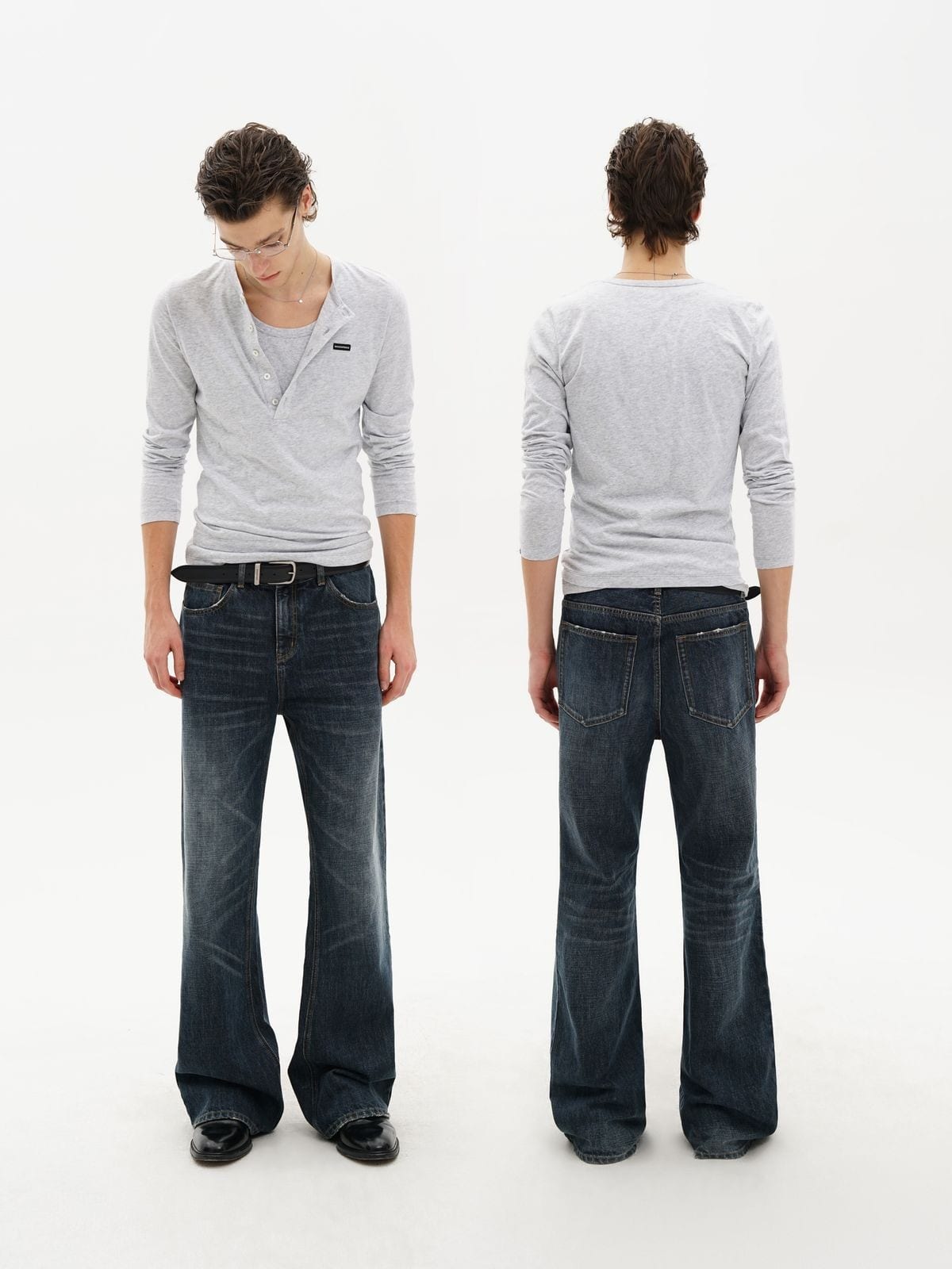 MASONPRINCE Faded Slub Flared Jeans in Navy Blue - On Male Model