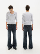 MASONPRINCE Faded Slub Flared Jeans in Navy Blue - On Male Model