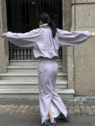 RARELY ALIKE Adjustable Collar Balloon Sports Jacket in Lavender - On Female Model