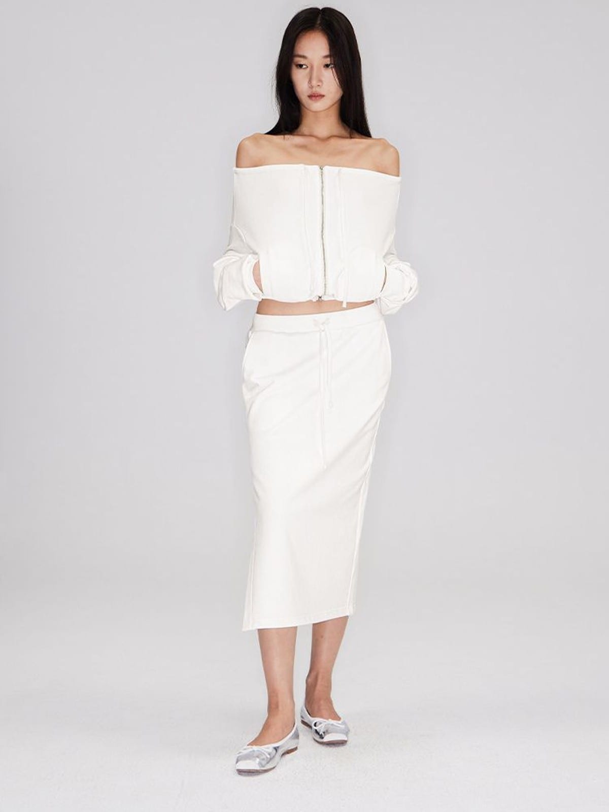 RARELY ALIKE Off Shoulder Zip Up Sweatshirt in White - On Female Model