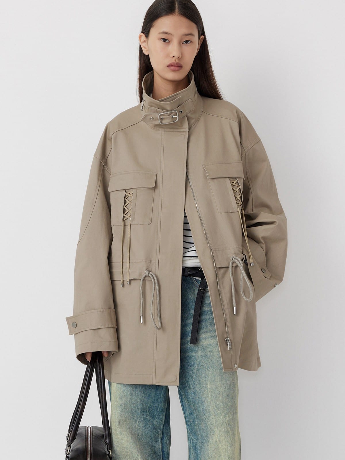 Random Piece Drawstring Cotton Twill Utility Jacket in Beige - On Female Model