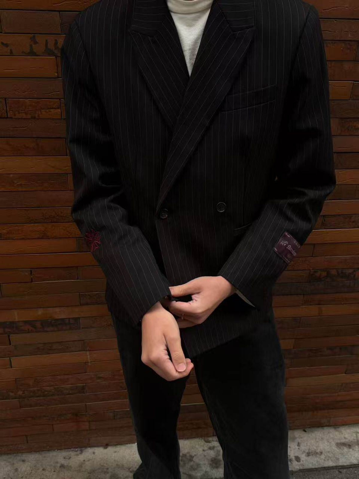 SOD Striped Double Breasted Wool Blend Blazer in Black - On Model