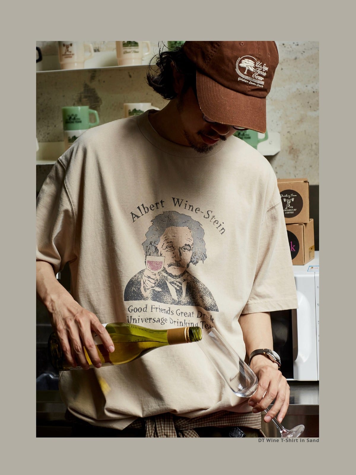 USAGE Vintage Wash Einstein Graphic T Shirt in Beige - On Male Model