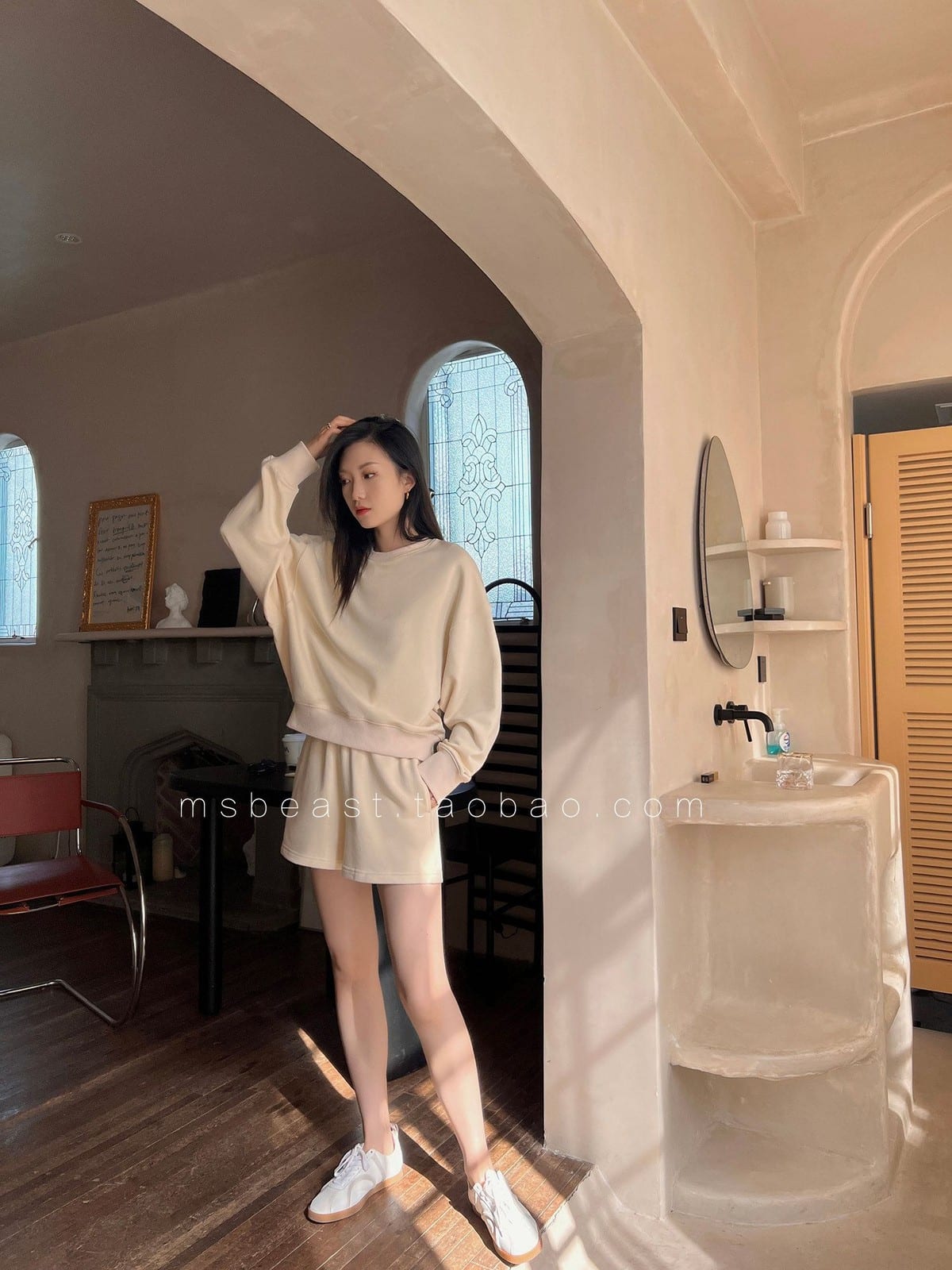 MSBEAST Cotton Crewneck Sweatshirt Set in Yellow - On Female Model