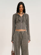 SMFK Washed Ribbed Zip Up Hoodie in Gray - On Female Model