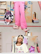 CFIERCE Cross Print Wide Leg Sweatpants in Pink - On Female Model