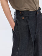 SIMPLE PROJECT Ramie Blend Selvedge Denim Cropped Shorts in Blue - On Model