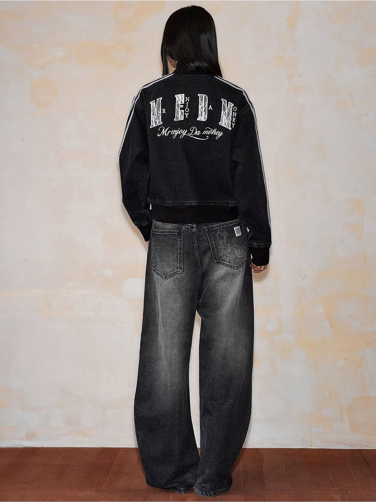 MEDM Lace Trim Stand Collar Denim Jacket in Black - On Model