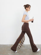 MADEINAM Fold Over Waist Flared Stretch Pants in Brown - On Female Model