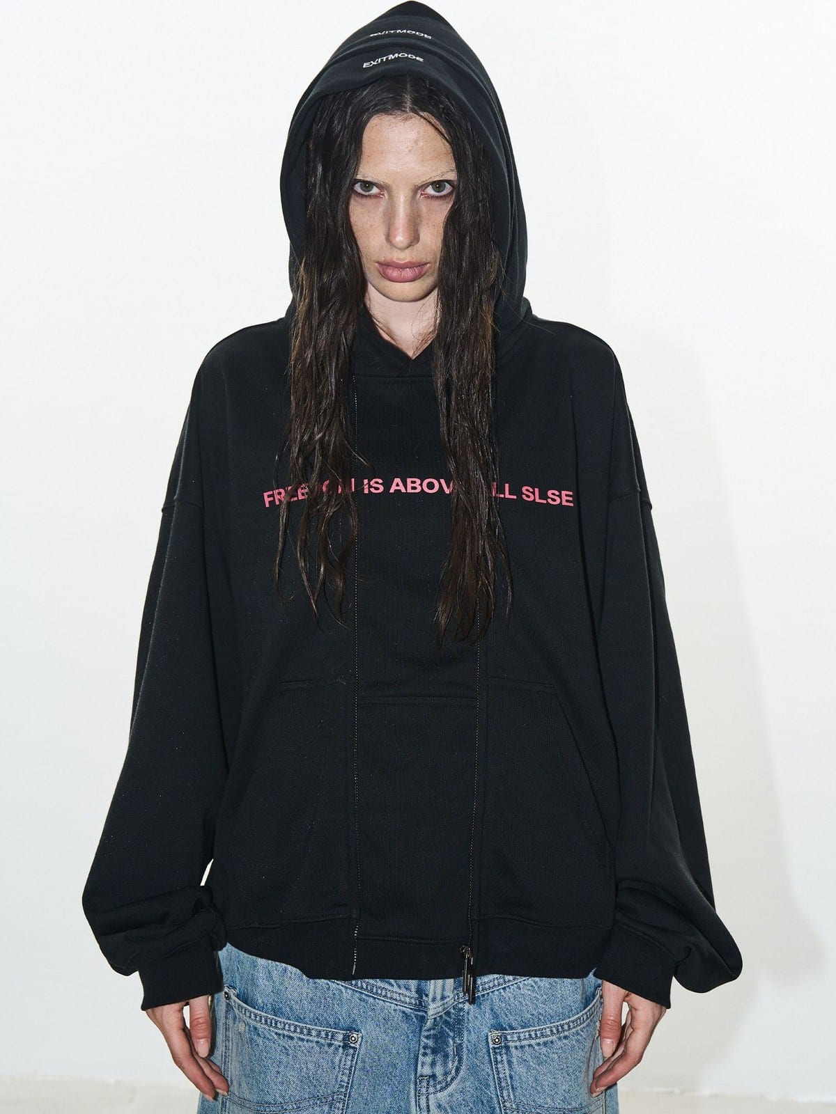 BLINDNOPLAN Faux Double Layer Paneled Hoodie in Black - On Female Model
