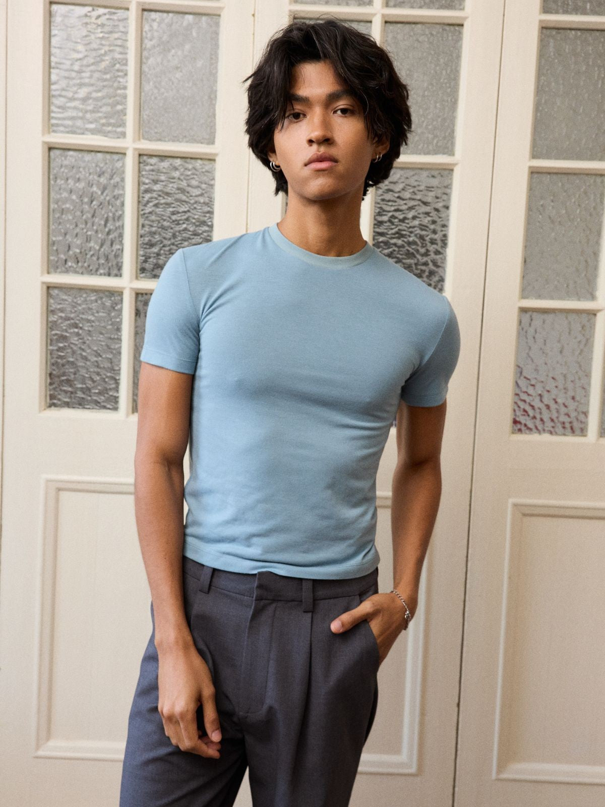Retro 21 Japanese Wool Blend Crew Neck Tee in Sky Blue - On Male Model