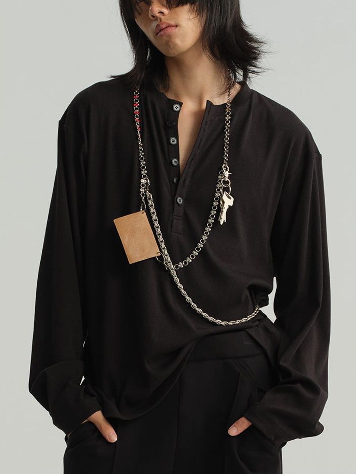 JCAESAR STUDIO Long Sleeve Rayon Blend Henley in Black - On Male Model