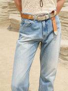 Retro 21 Washed Ice Blue Flared Jeans in Blue - On Model