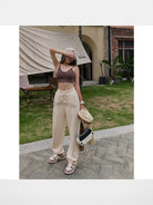 BeerBro Embroidered Script Joggers in Cream - On Female Model