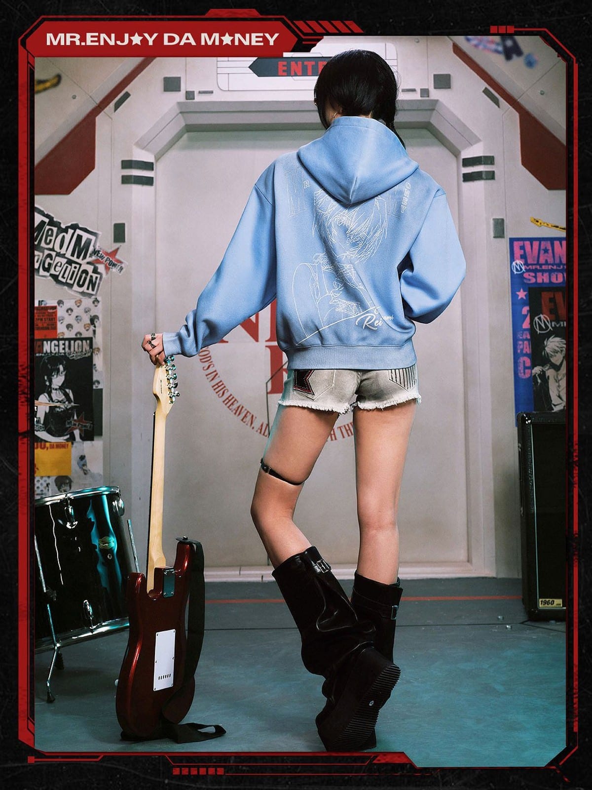 MEDM Tufted Embroidery Zip Up Hoodie in Sky Blue - On Female Model