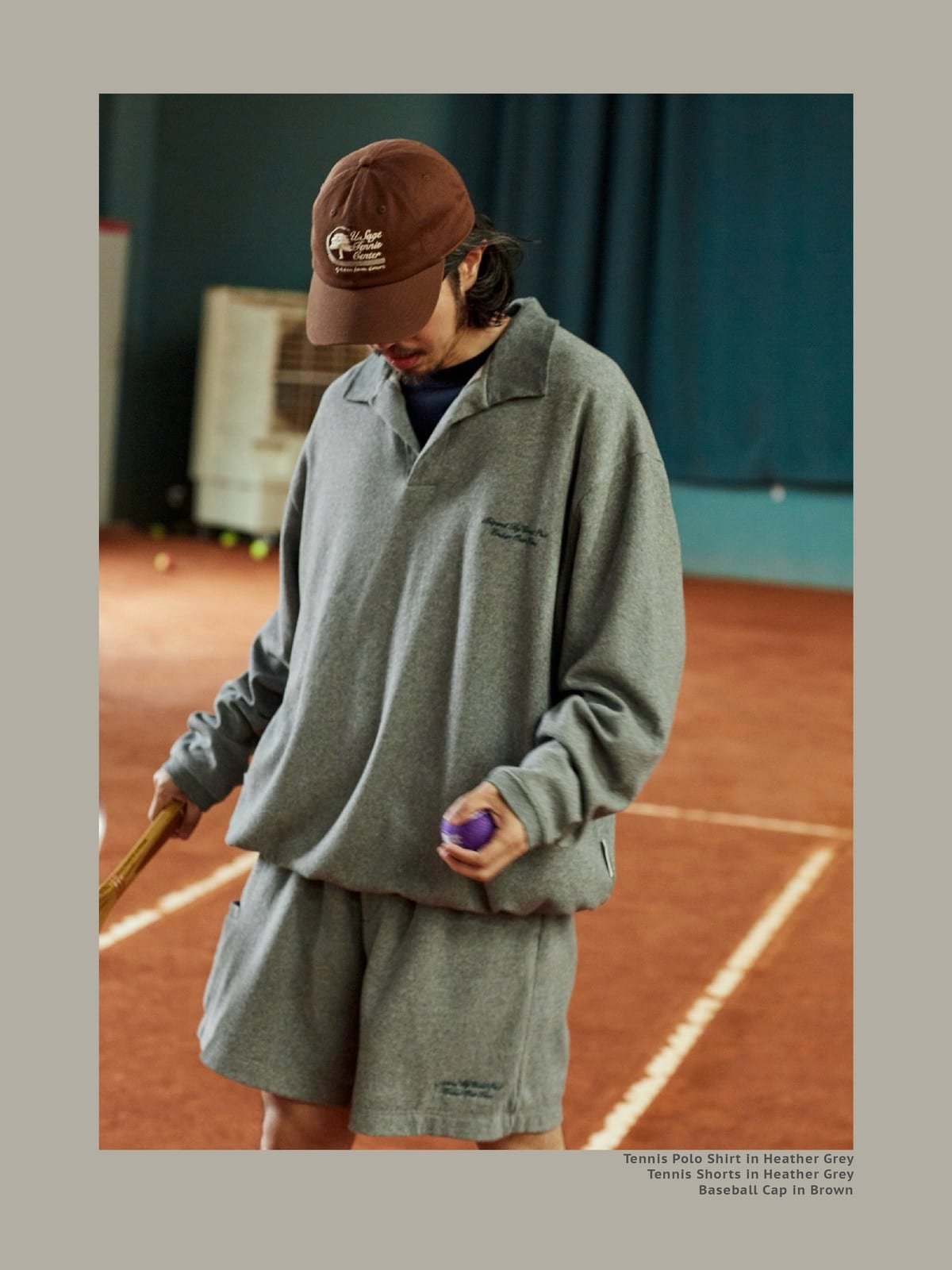 USAGE Oversized Textured Long Sleeve Polo in Gray - On Male Model