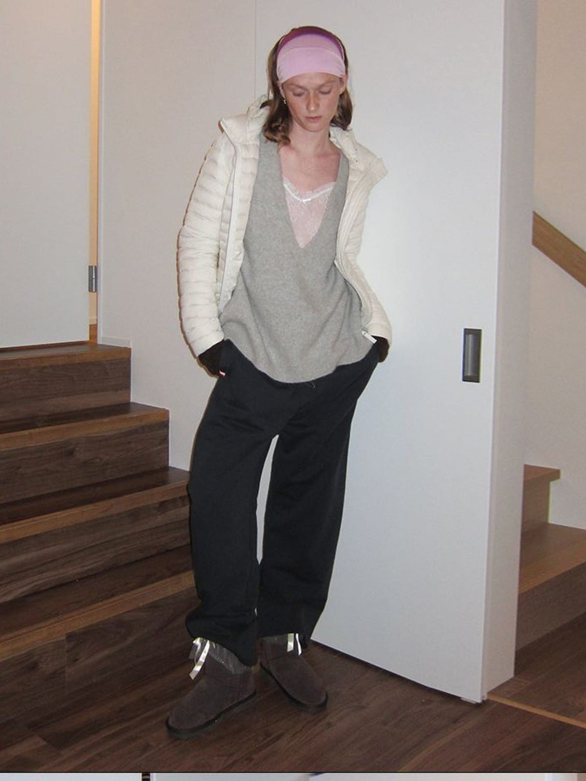 RARELY ALIKE Detachable Hood Duck Down Puffer in White - On Female Model