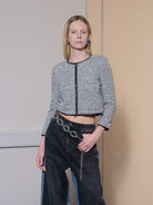 RARELY ALIKE Silver Sequin Tweed Cropped Jacket in Silver - On Female Model
