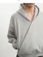 JCAESAR STUDIO Double Button Cross Collar Hoodie in Gray - On Male Model