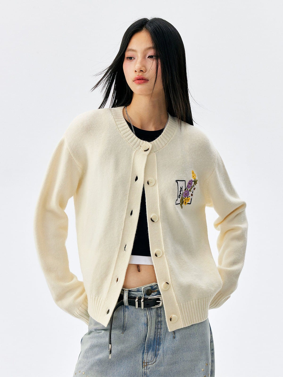 MEDM Floral Embroidered Knit Cardigan in Cream - On Female Model