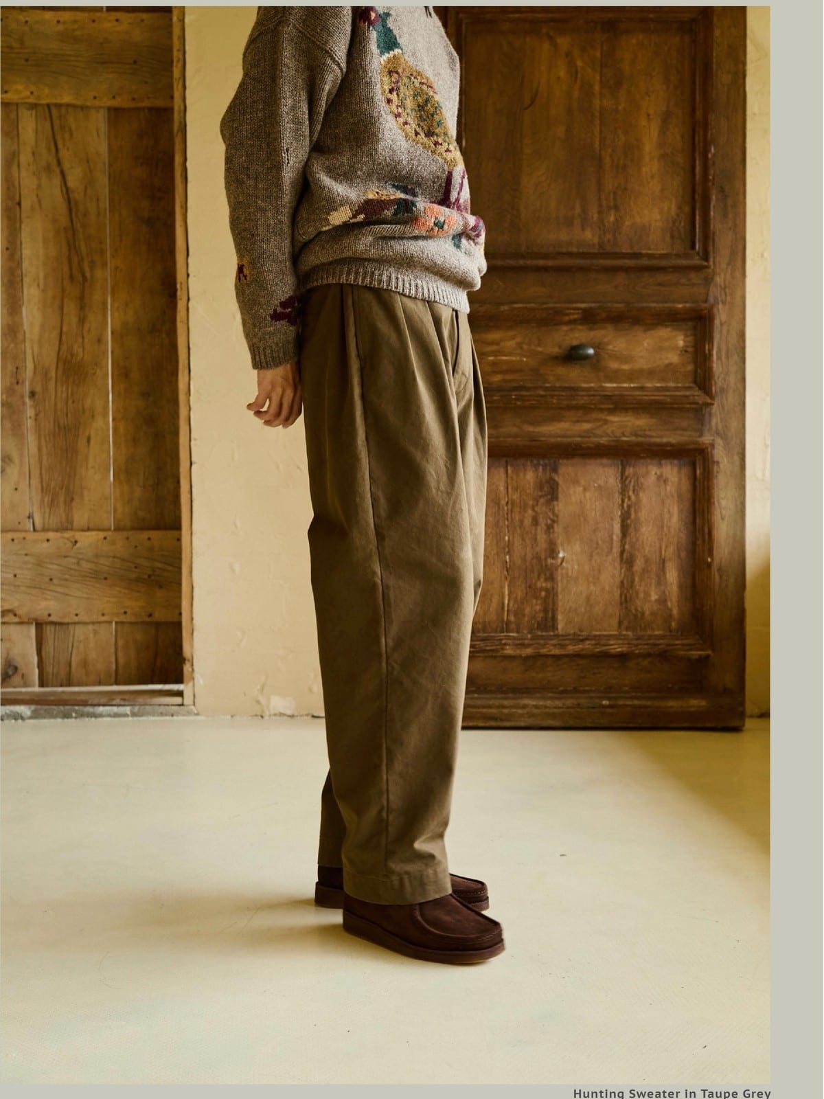 USAGE Pleated Cotton Twill Chinos in Beige - On Model