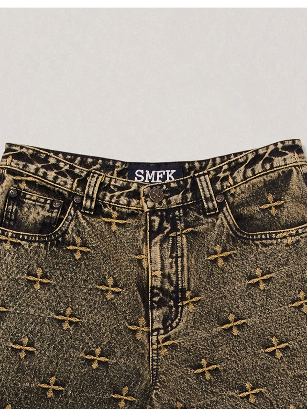 SMFK All Over Print Wide Leg Jeans in Brown - Detail