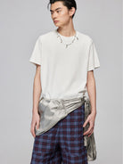 SIMPLE PROJECT Misaligned Seam Crewneck T Shirt in White - On Male Model