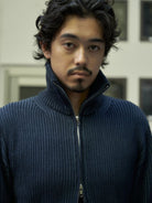 Retro 21 Ribbed Wool Blend Zip Cardigan in Navy Blue - On Male Model