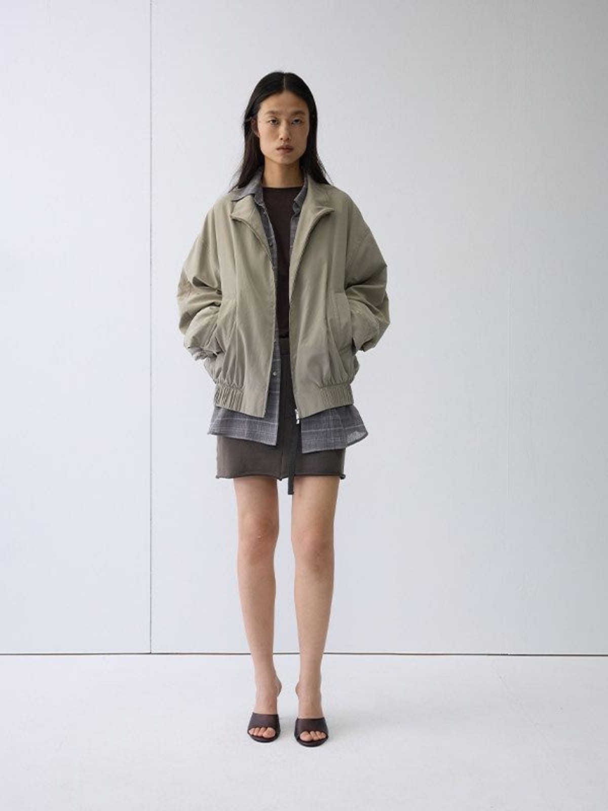 Random Piece Nylon Blend Zip Up Cropped Jacket in Khaki - On Female Model