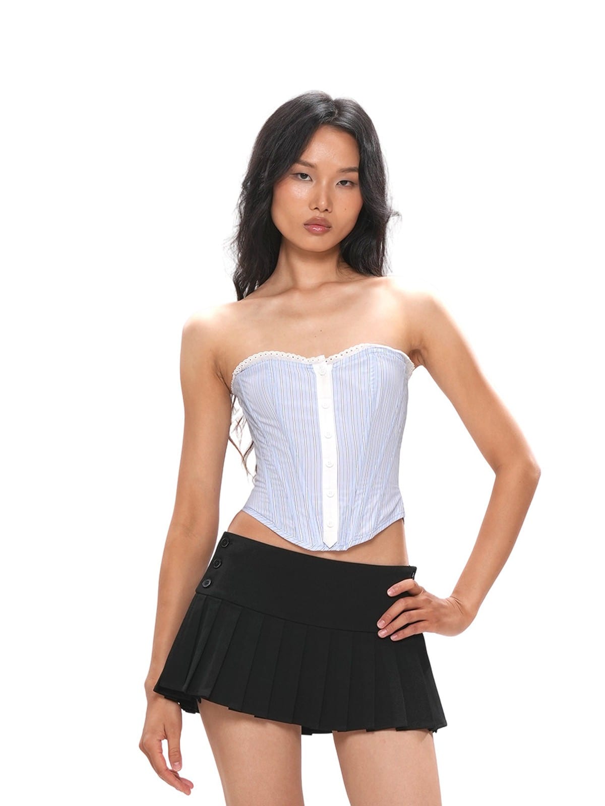 SweetChilling Striped Strapless Corset Top in Blue - On Female Model