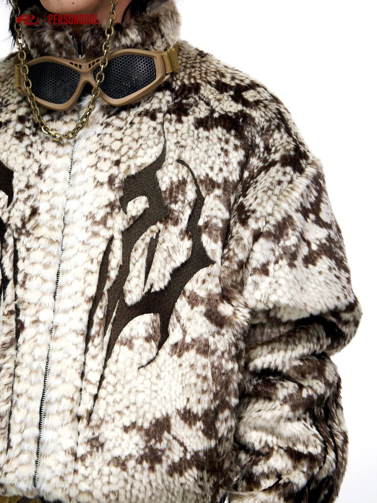 PERSONSOUL Totem Faux Fur Zip Up Jacket in Brown - On Model