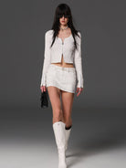 SMFK Ribbed Zip Up Cropped Cardigan in White - On Female Model