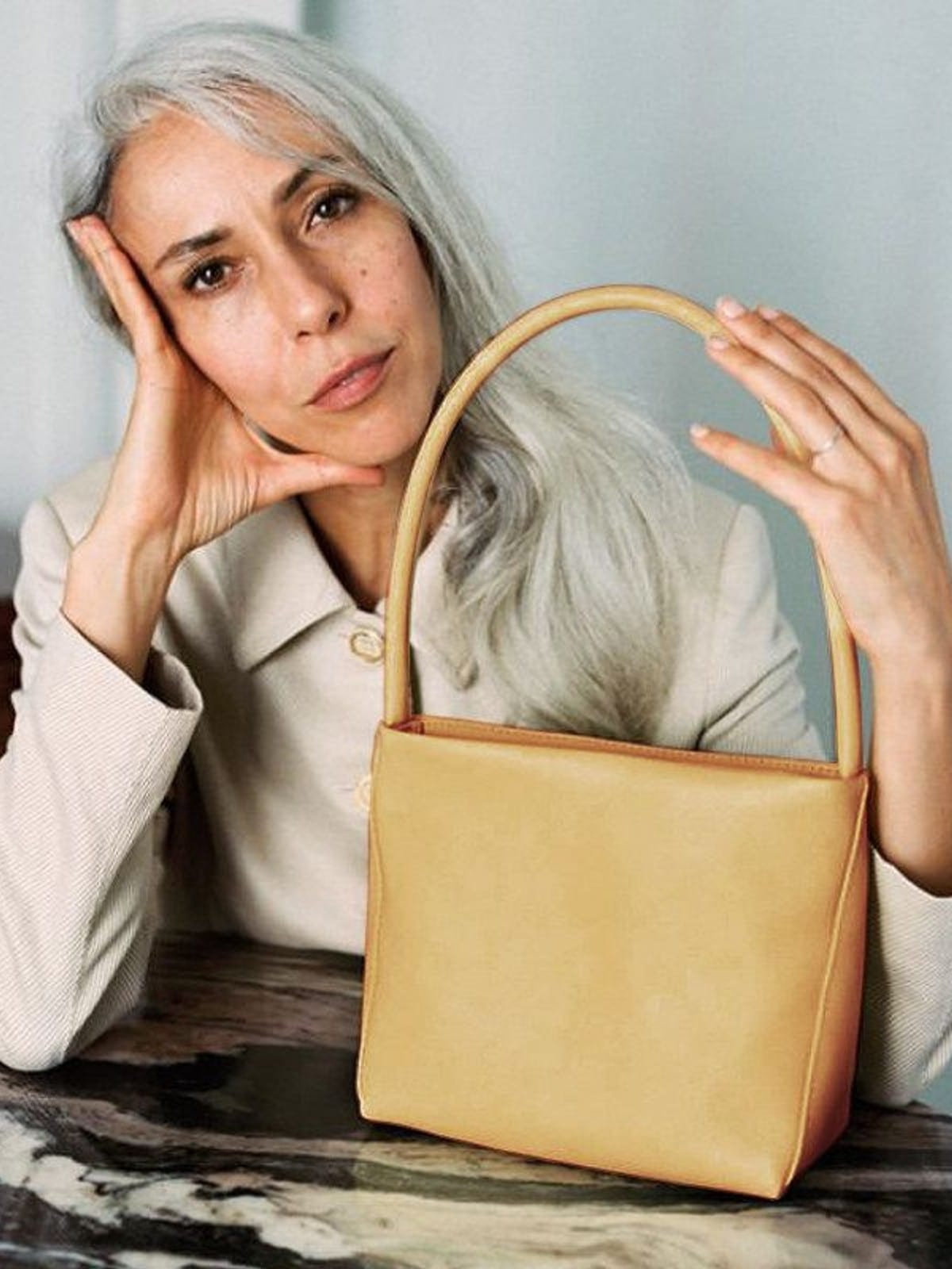 PANLULUPAN Waxed Cowhide Square Shoulder Bag in Yellow - On Female Model