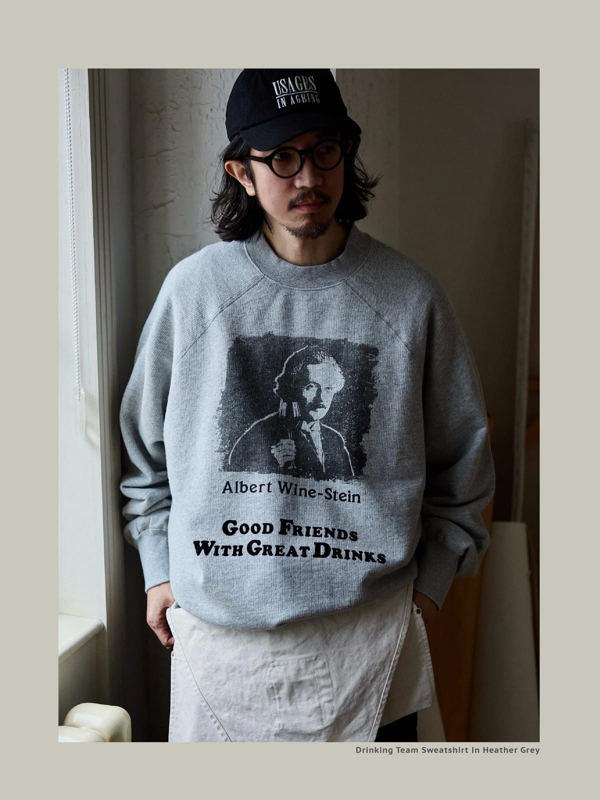 USAGE Washed Cotton Graphic Sweatshirt in Gray - On Male Model