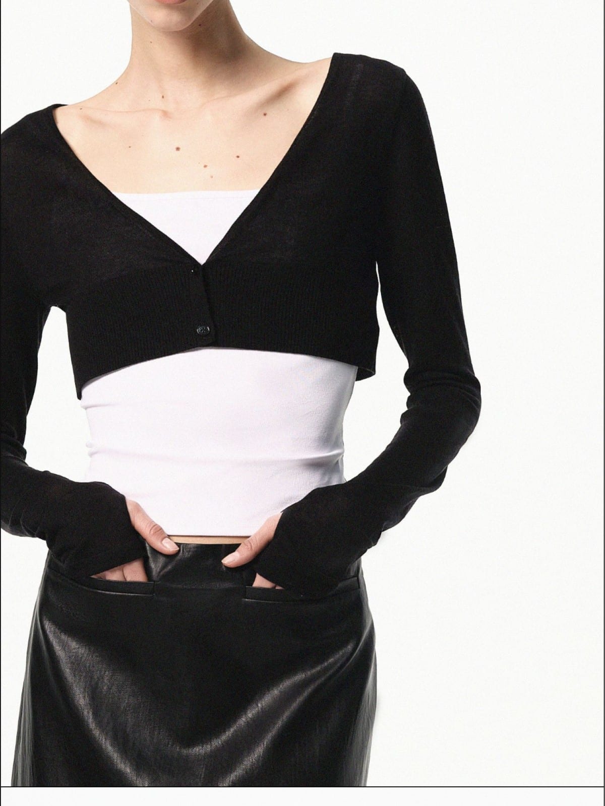 RARELY ALIKE Silk Wool Cropped V Neck Cardigan in Black - On Female Model
